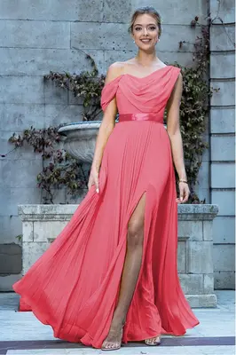 Goddiva Cowl Neck One Shoulder A Line Chiffon Maxi Dress - Coral
