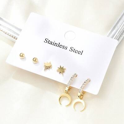 304 Stainless Steel Rhinestone Moon & Star & Round Earring Sets