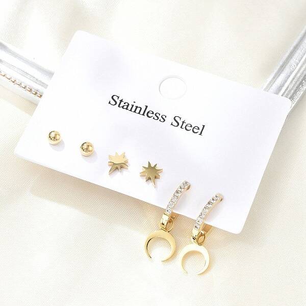 304 Stainless Steel Rhinestone Moon & Star & Round Earring Sets