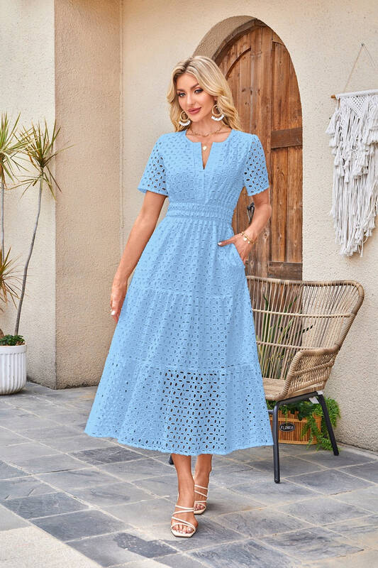 Womens 2025 Summer Maxi Dress Short Sleeve V Neck Hollow Out Eyelet A Line Long Flowy Beach Vacation Dresses