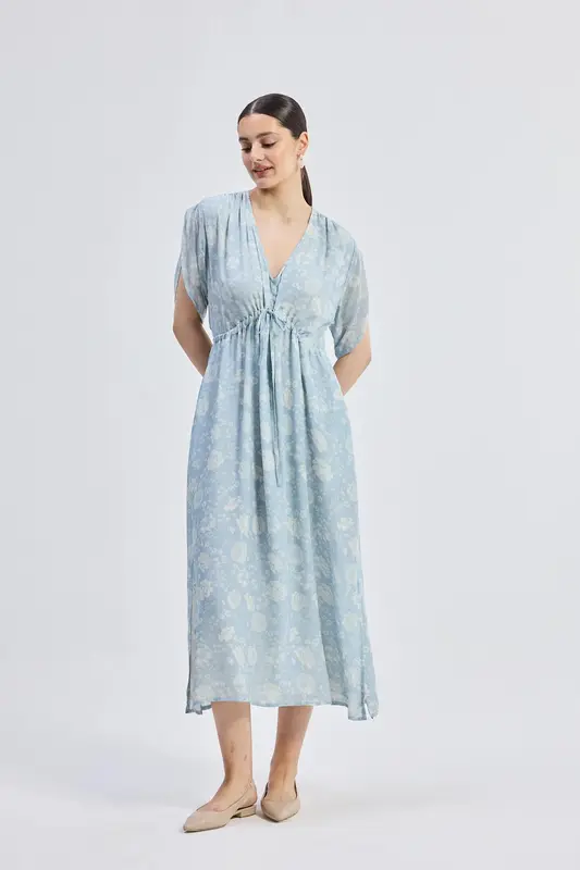 Maxi Gathered Dress in Blue Florals | Color: Floral Whispers | Size: M