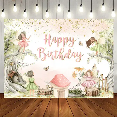 Cartoon Tree Mushroom Elf Birthday Backdrop For Girl - Aperturee