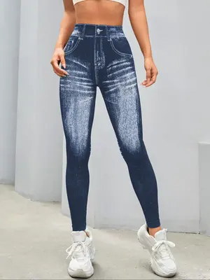 Women's Denim-effect Print High Waist Sports Leggings, Casual Sporty Comfy Breathable Skinny Pants for Yoga Gym Workout Runni...