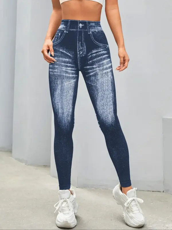 Women's Denim-effect Print High Waist Sports Leggings, Casual Sporty Comfy Breathable Skinny Pants for Yoga Gym Workout Runni...