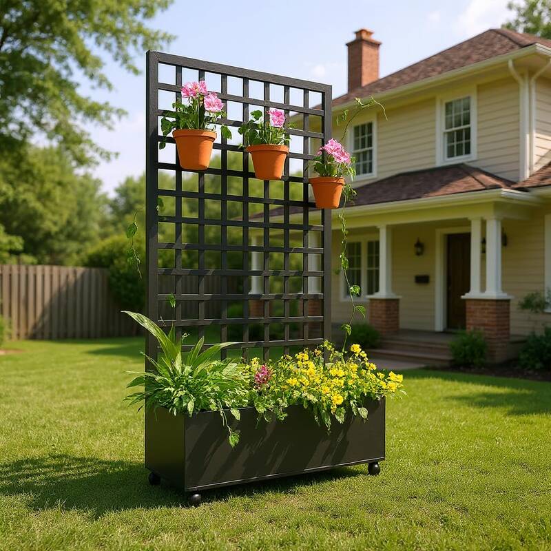 Garvee Galvanized Metal Raised Garden Bed with Square Lattice Trellis and Wheels – Outdoor Planter Box for Climbing Plants,...