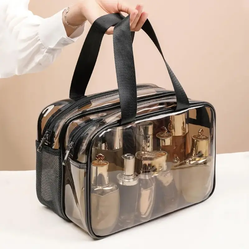 Clear Double-layer Travel Makeup Bag for Summer Makeup, 1 Count Large Capacity Portable Cosmetic Bag Toiletry Bag, Wet & Dry ...