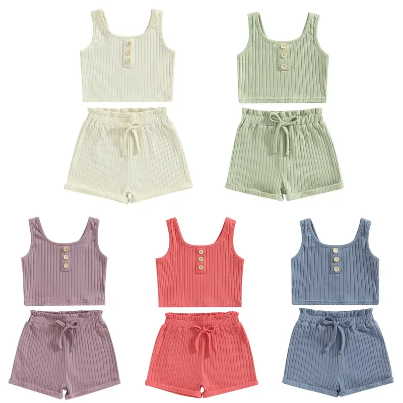 Toddler Girl Summer Outfits Baby Ribbed Knit Solid Color Buttons Tank Tops Drawstring Shorts Two Piece Litte Kids Suit 1-8 Ye...