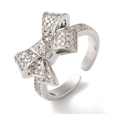 Bowknot Brass Micro Pave Clear Cubic Zirconia Open Cuff Rings for Women