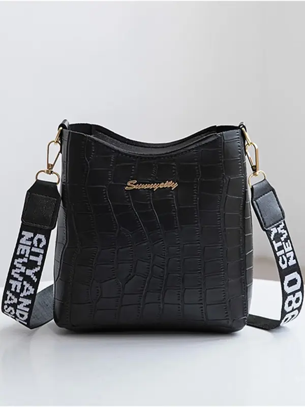 Women's Fashionable Letter Design Crocodile Embossed Crossbody Bag, Casual Plain Crossbody Bag with Letter Pattern Design Adj...