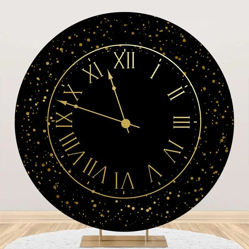 Round Black Gold Laeacco Clock Birthday Backdrop