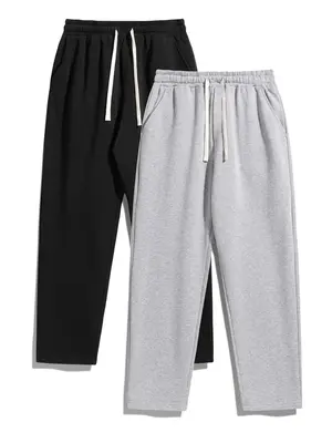Men's Solid Thermal Lined Drawstring Waist Pants, Casual Comfy Regular Fit Straight Leg Trousers for Fall & Winter, Men's Bo...