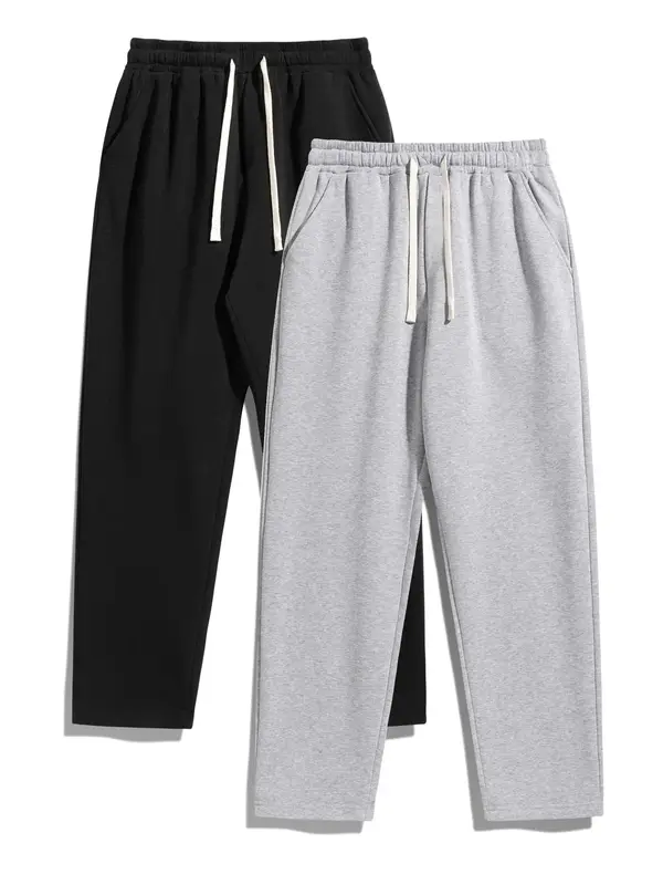 Men's Solid Thermal Lined Drawstring Waist Pants, Casual Comfy Regular Fit Straight Leg Trousers for Fall & Winter, Men's Bo...