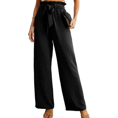 Women's Wide Leg Pants with Pockets High Waist Adjustable Knot Loose Casual Trousers Business Work Casual Pants