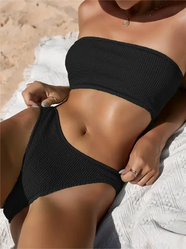 Two-Piece Set Women's Plain Textured Bandeau Swim Top & High Cut Swim Bottom Set, Strapless Sleeveless Swimwear Set, Ladie...