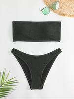 Two-Piece Set Women's Plain Textured Bandeau Swim Top & High Cut Swim Bottom Set, Strapless Sleeveless Swimwear Set, Ladie...