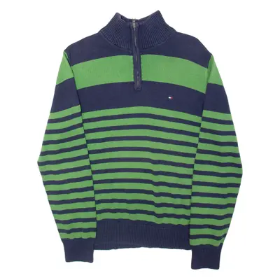 TOMMY HILFIGER Mens Patterned Jumper Blue Striped 1/4 Zip Tight Knit M