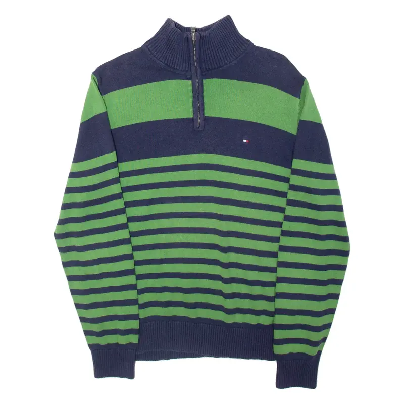 TOMMY HILFIGER Mens Patterned Jumper Blue Striped 1/4 Zip Tight Knit M