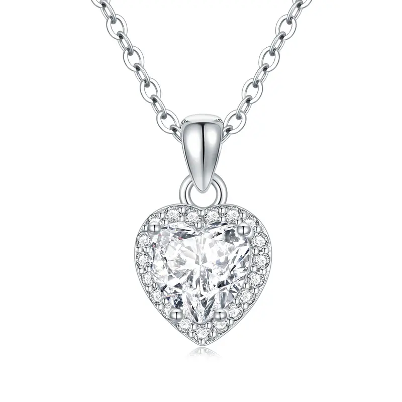 Sterling Silver Moissanite Heart Pendant Necklace with Engraved Word