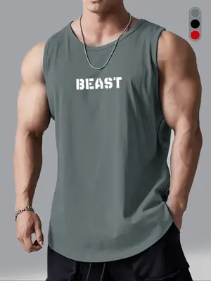 Men's Summer Clothes, Letter & Number Print Round Neck Tank Top, Regular Fit Sporty Sleeveless Top for Gym Workout Running, ...