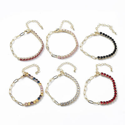 Brass Micro Pave Cubic Zirconia Strass & Paperclip Chain Bracelets