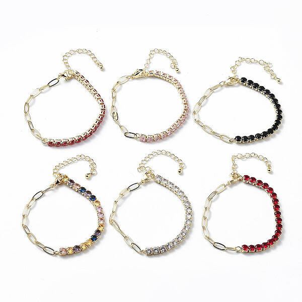 Brass Micro Pave Cubic Zirconia Strass & Paperclip Chain Bracelets