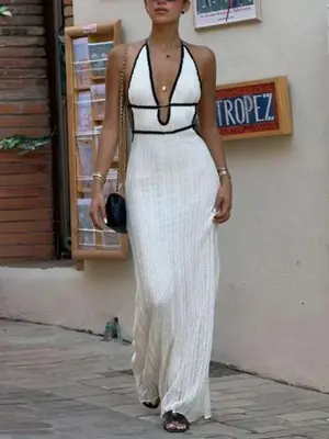 Summer Vacataion Wear Sleeveless Knit Dress, Lady Halter V Neck Maxi Dress, Evening Party Wear, Sexy See Through Dress, Women...