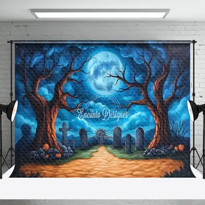 Aperturee Cemetery Moon Night Trees Cloud Halloween Backdrop - Aperturee