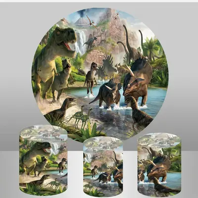 Aperturee Mountain Lakes Dinosaur Round Birthday Decro Backdrop Kit | Round Backdrop Cover Diy | Circle Backdrops For Birthda...