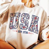 Floral USA Retro America T-Shirt /Sweatshirt | 4th of July Outfit | Coquette Cotton Classic Fit Graphic Tee