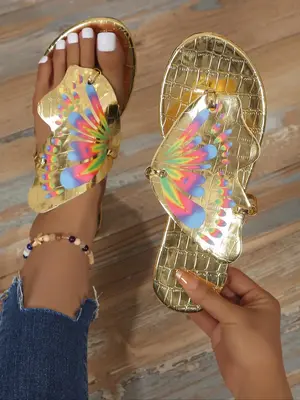 Women's Butterfly Metallic Slide Sandals, Butterfly Design Boho Style Toe Thong Sandals for Women & Girls, Casual Girl for Su...