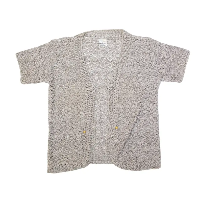 PULSE Tie Up Patterned Cardigan Beige Open Knit Short Sleeve Womens M