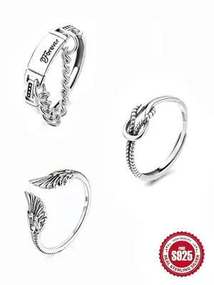 S925 Sterling Silver Vintage Angel Wing Design Cuff Ring, Open Ring, Fashion Jewelry Accessories for Women & Girls, Trendy Ex...