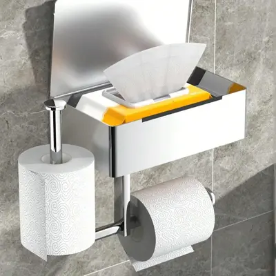 Toilet Paper Holder with Phone Shelf, Self-adhesive Toilet Paper & Refill Double Holder, Multi-functional Bathroom Accessorie...