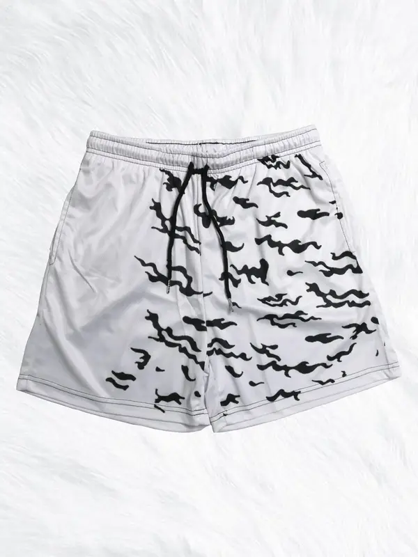 Sporty Men's All Over Print Drawstring Waist Sports Shorts, Regular Fit Casual Elastic Waist Track Bottoms for Summer, Basket...