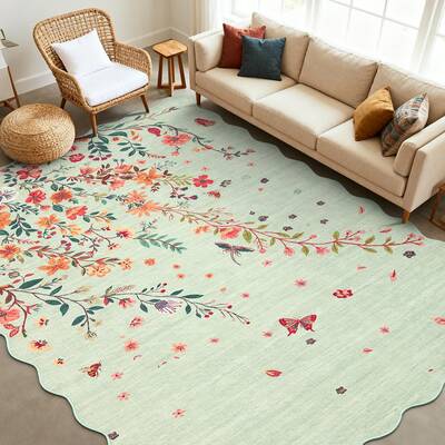 Garvee Large Floral Area Rugs Non Slip Washable Scalloped Rugs for Living Room Bedroom 10x13 Green