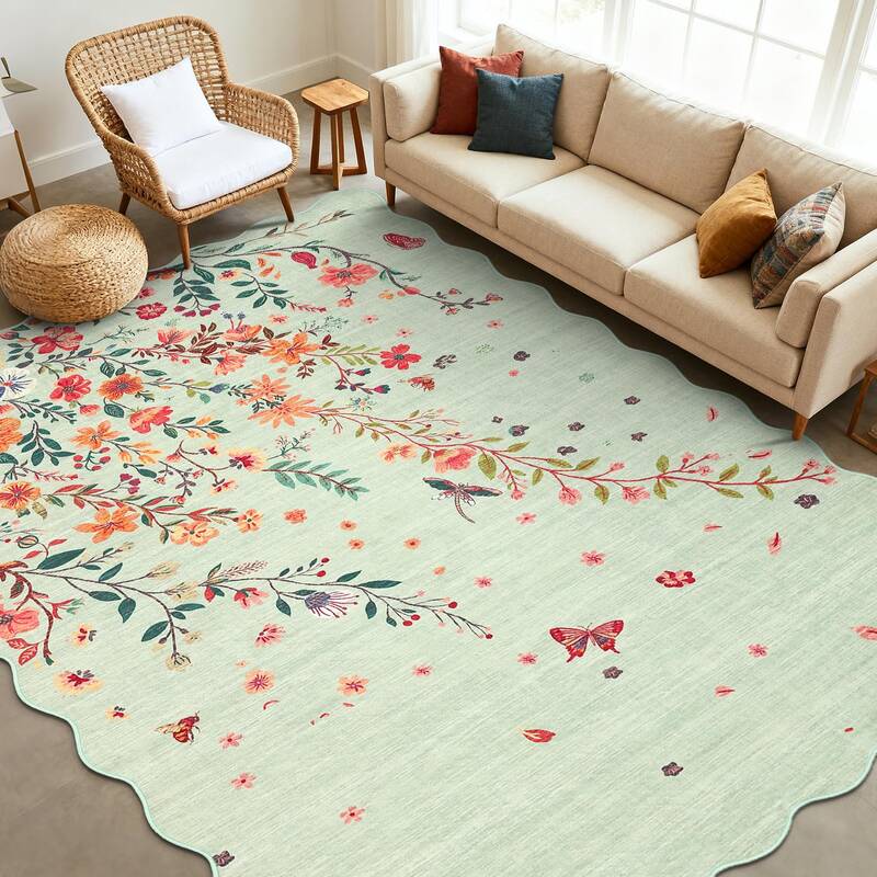Garvee Large Floral Area Rugs Non Slip Washable Scalloped Rugs for Living Room Bedroom 10x13 Green