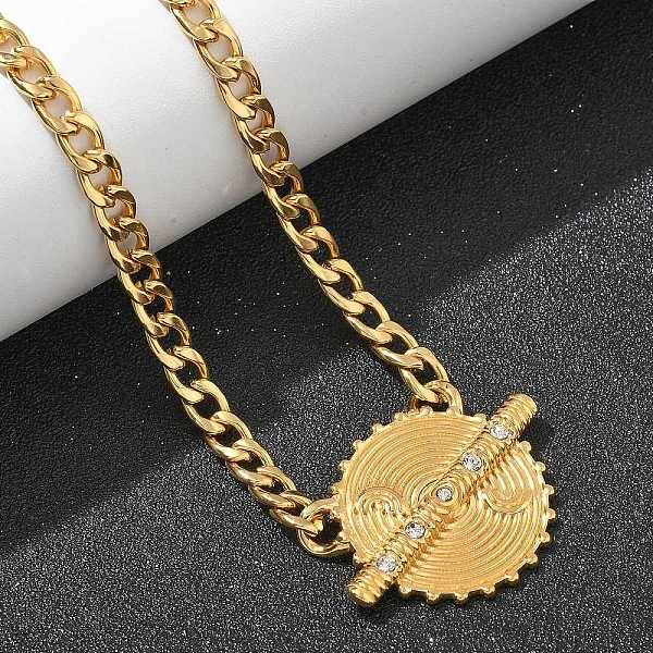 304 Stainless Steel Crystal Rhinestone Flat Round Pendant Twisted Chain Necklaces for Women