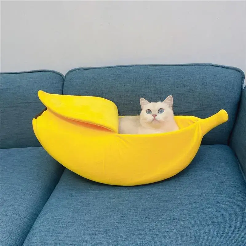 Cute Banana Cat Bed, Winter Warm Fleeced Sleep Play Rest Cat Bed, Soft Banana Cushion Cozy Sofa, Portable Plush Pet Kennel Fu...