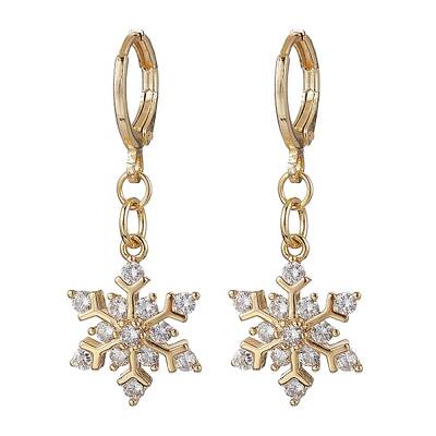 Christmas Snowflake Brass Micro Pave Clear Cubic Zirconia Hoop Earrings