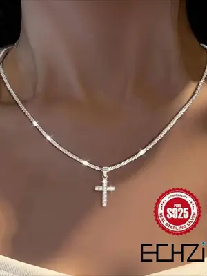 925 Sterling Silver Women's Elegant Cross Pendant Necklace, Fashion Rhinestone Decor Tennis Chain Necklace for Party, Daily C...