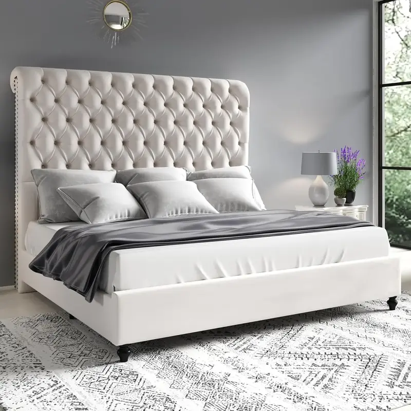 [Restock Sale]VanAcc Bed Frame with Sleigh Headboard 60 Tall Velvet Upholstered Platform Bed, No Box Spring Needed/Christma...