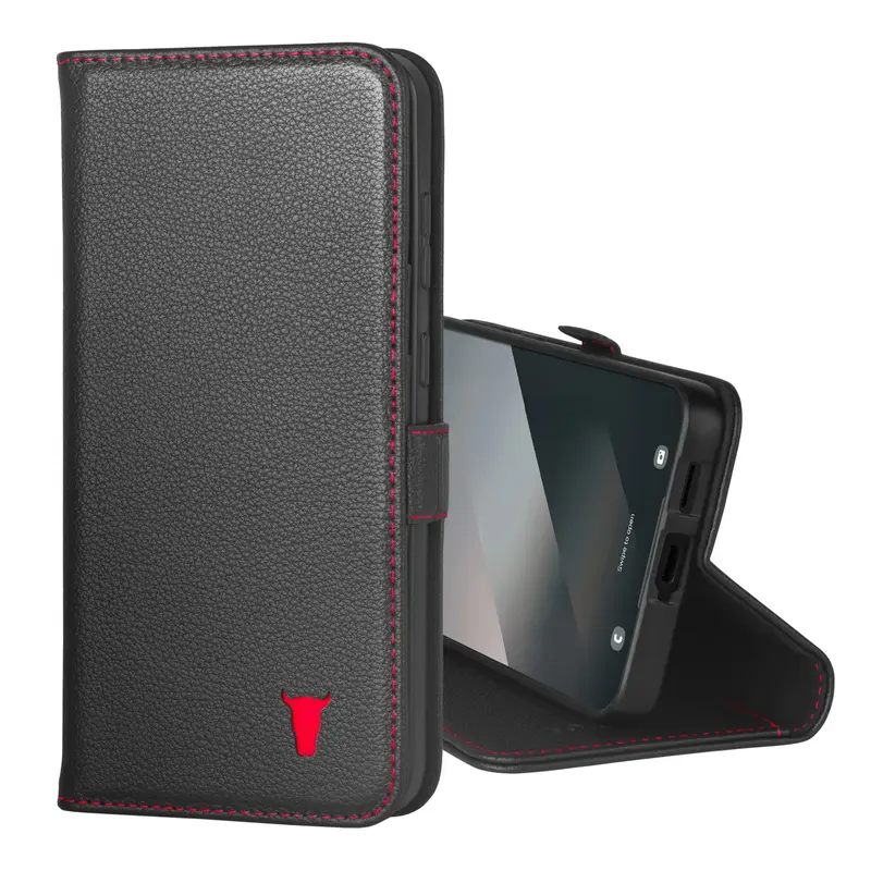 Samsung Galaxy A36 Leather Case (with Stand Function) - Black with Red Detail