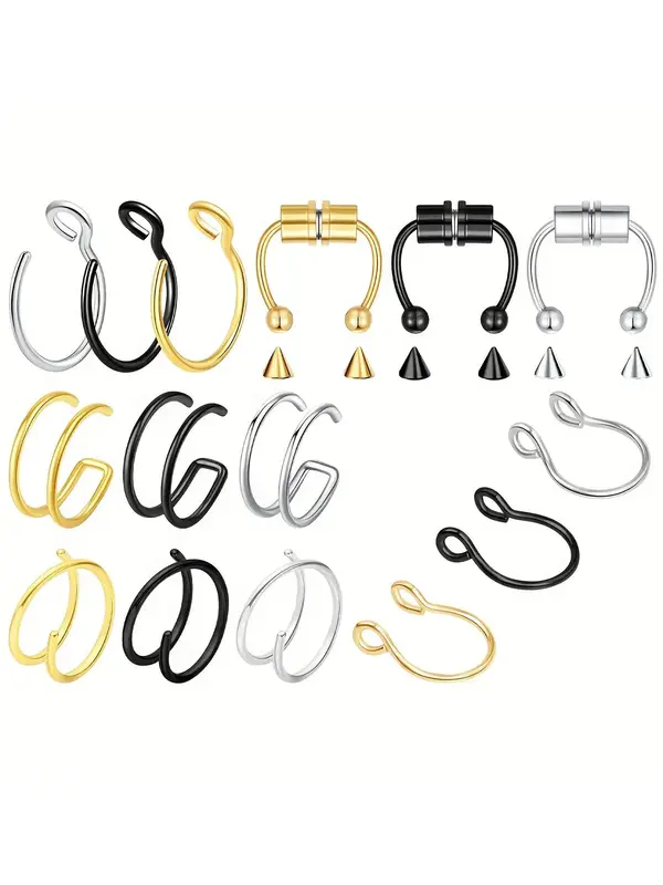 15pcs Stainless Steel Fake Pierced Nose Rings, Nose Cuff for Women and Men, Fashionable Body Jewelry Accessories for Daily ...