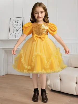 Girl's Plain Contrast Sequins Bow Decor Fit & Flare Party Dress, Elegant Puff Sleeve Zipper Back Formal Dress for Party Banqu...