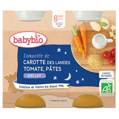 Babybio Dinner Pots - 8 months and more - Composed carrot, Tomato, Pasta - BIO 2x200 g