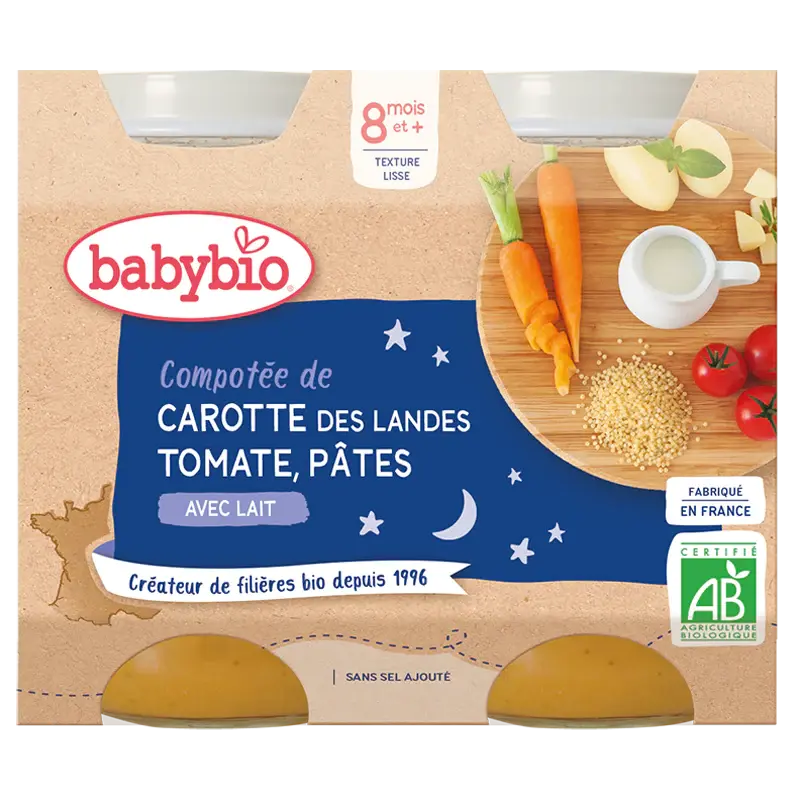 Babybio Dinner Pots - 8 months and more - Composed carrot, Tomato, Pasta - BIO 2x200 g