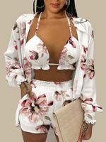 Three-piece Set Women's Floral Print Frill Trim Top & Shirred Shirt & Shorts Set, Fitted Long Sleeve Top & Bohemian Shorts & ...