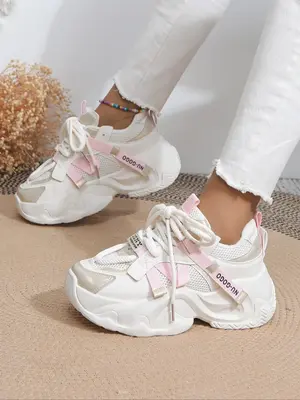 Women's Bootlace Worm Lace Up Front Platform Sneakers, Summer Casual Comfortable Sporty Chunky Sneakers, Round Toe Chunky Sne...