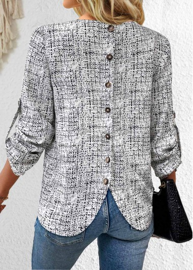 Modlily Black Button Graffiti Print Long Sleeve V Neck Blouse - XL