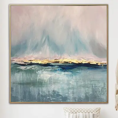 Waterscape Contemporary Art Wall Painting: Custom Size Oil Painting On Canvas In Grey, Blue, Pink Colors With Gold As Wall De...